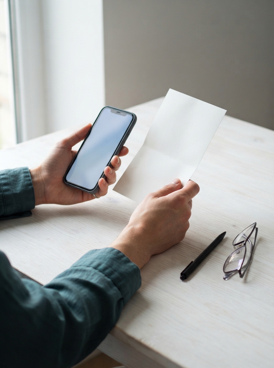Person holding a smartphone and blank paper over a desk with a pen and eyeglasses.
