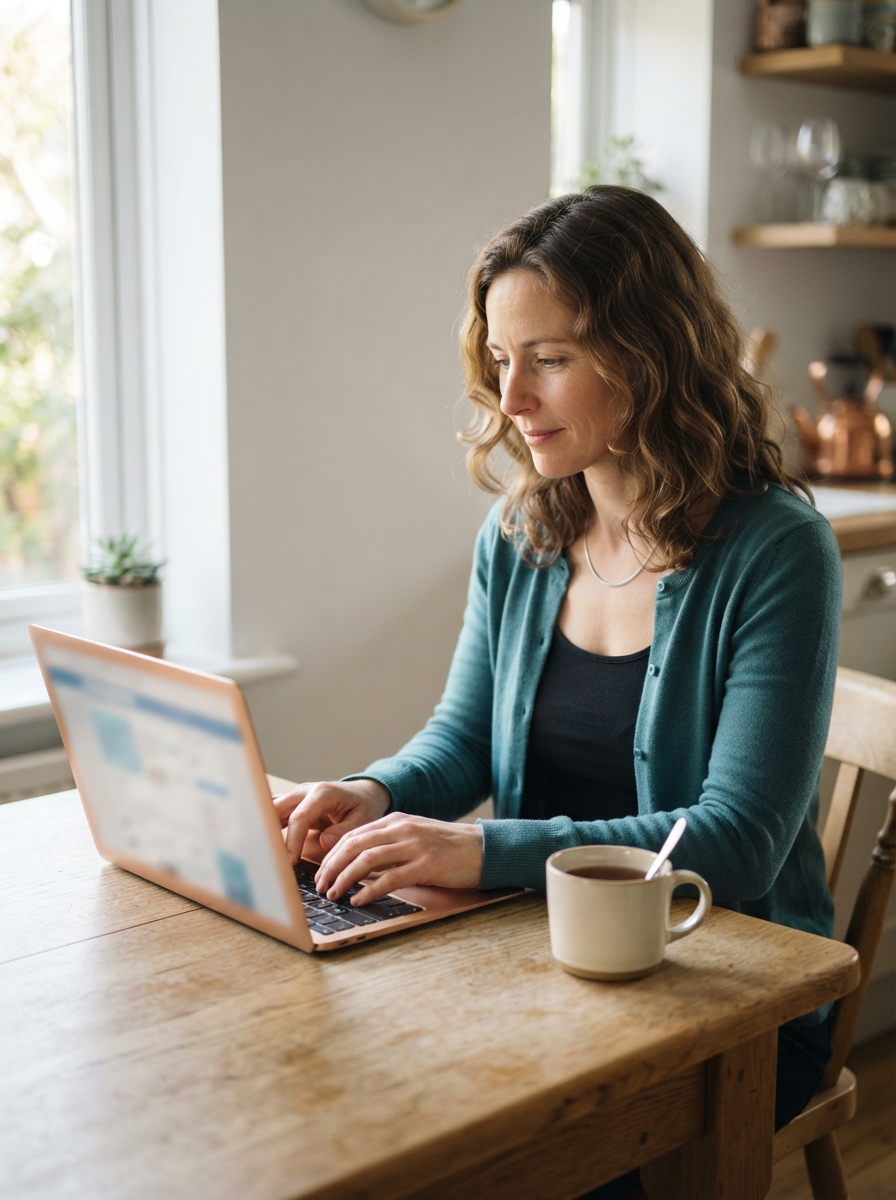Woman typing on a laptop at a wooden table beside a mug in a bright kitchen.