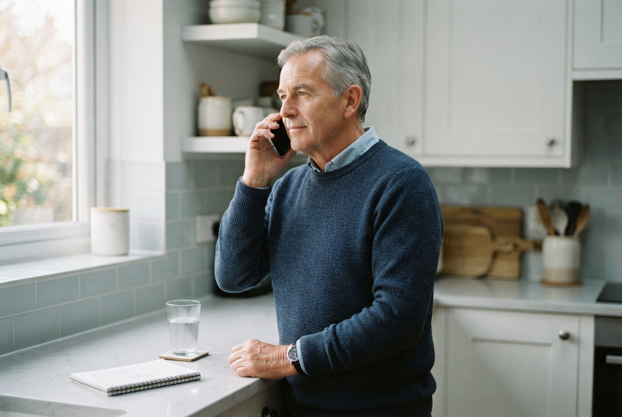 Gray-haired man talking on a smartphone in a bright kitchen beside a notebook and glass of water.