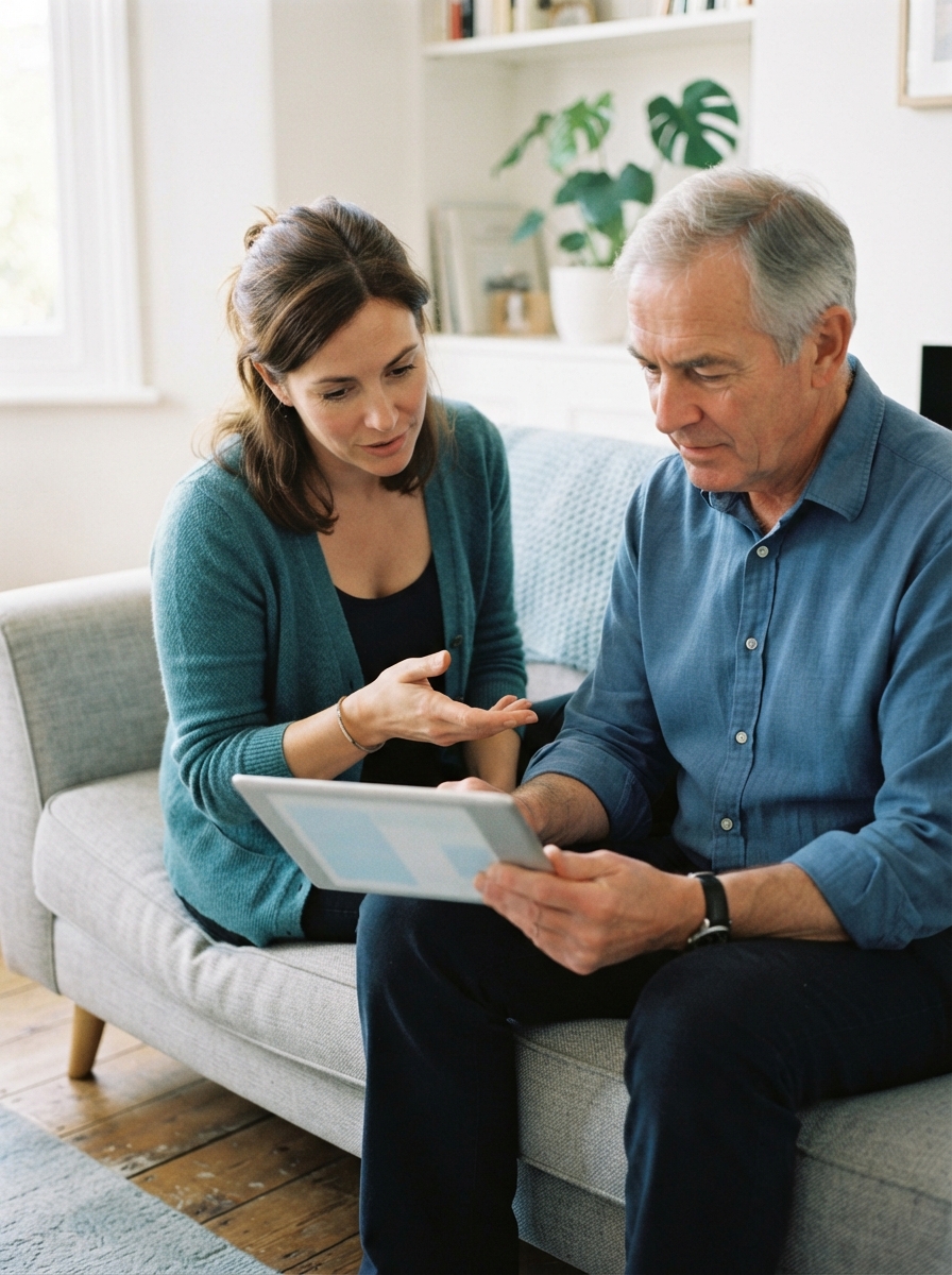 Woman and gray-haired man sit on a sofa reviewing a tablet in a bright living room.